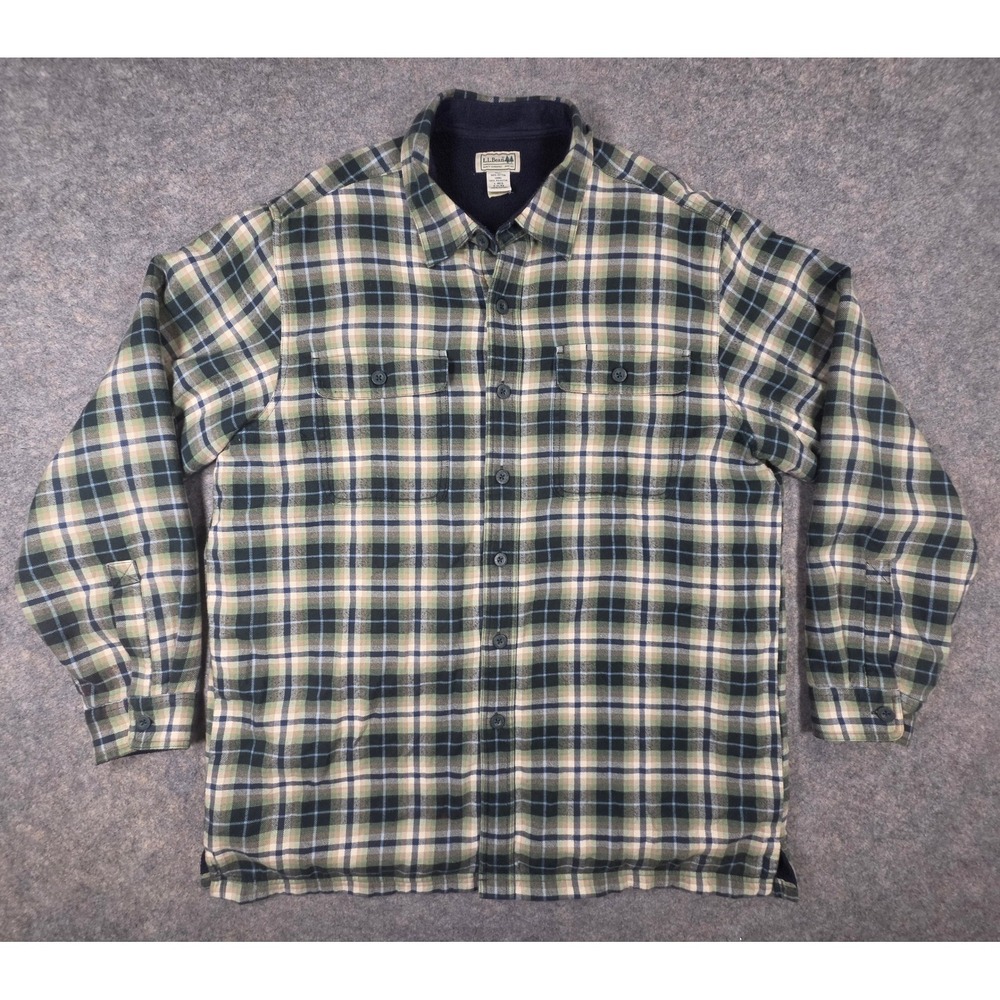 LL Bean Fleece Lined Flannel Shirt Mens Large Green Plaid Heavyweight